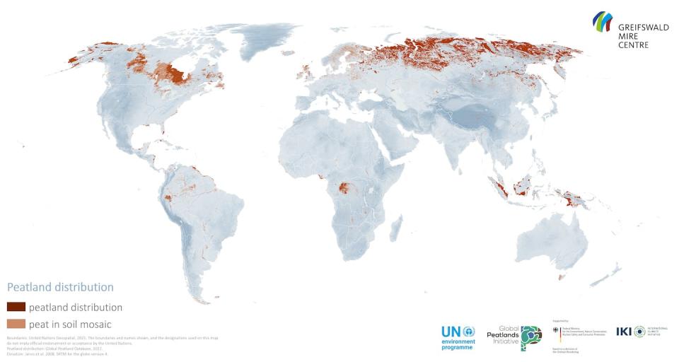 A map shows peatlands and peat-heavy soils around the world. <a href="https://wedocs.unep.org/handle/20.500.11822/37571;jsessionid=CA7F7C05707AD8CDDD0D10E957C4A38B" rel="nofollow noopener" target="_blank" data-ylk="slk:United Nations Environment Programme;elm:context_link;itc:0;sec:content-canvas" class="link ">United Nations Environment Programme</a>