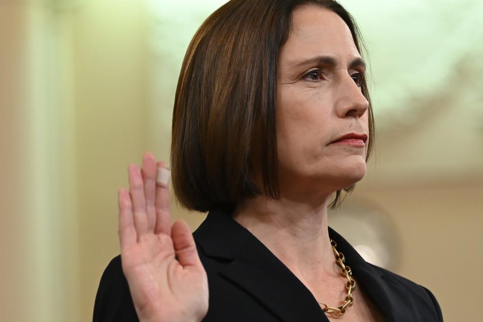 National Security Council official Fiona Hill  is sworn in to testify before the Permanent Select Committee on Intelligence on Nov. 21, 2019.