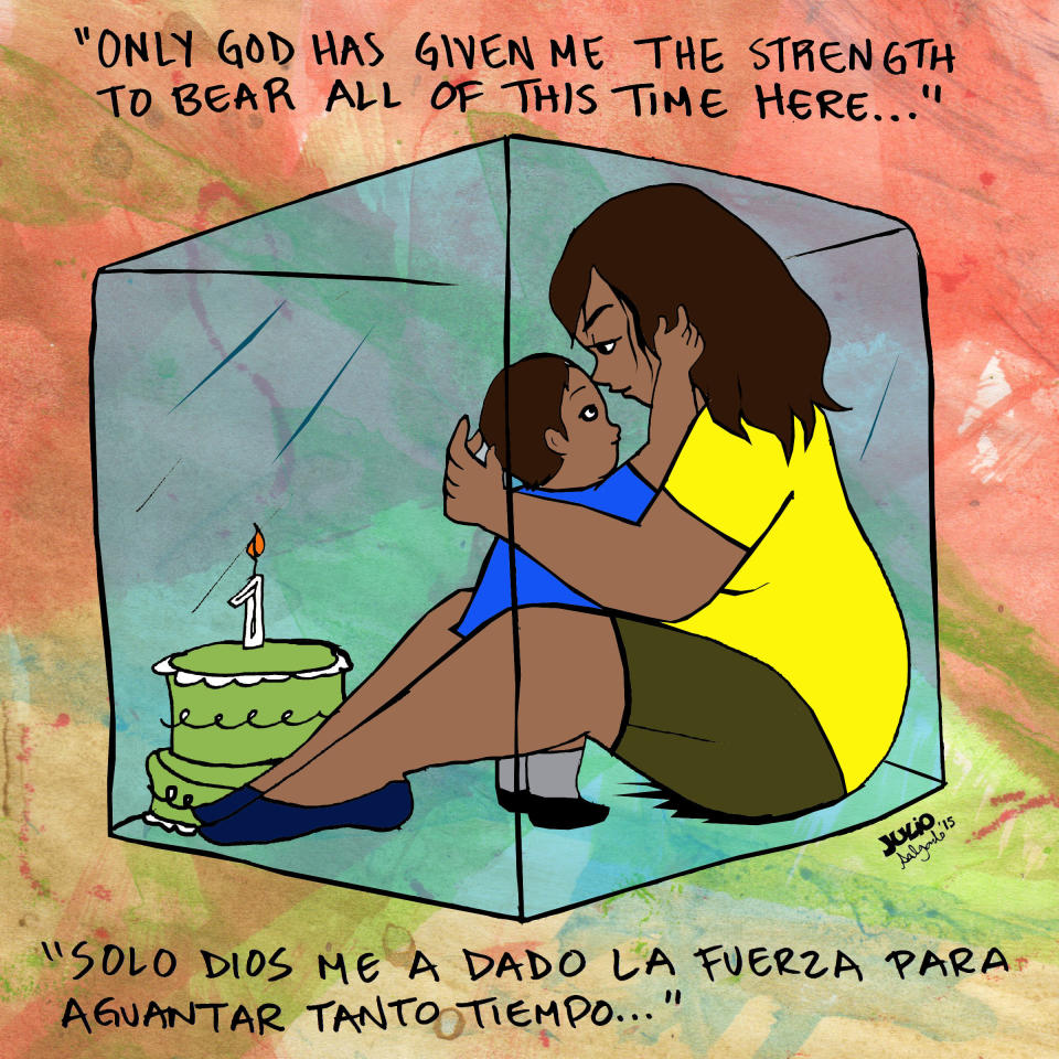<p><em>"My son&rsquo;s first birthday was here. I would like to get out of here. I&rsquo;ve been here for a long time. I would like you to help us get out." -<a href="http://endfamilydetention.com/mother-and-son-1/">Inspired by this letter</a></em></p> <p>Artist statement: "We cannot be OK&nbsp;with the thought that a mother has to celebrate their child's birthday behind bars. Their crime was to be responsible and courageous because they defied borders in order to offer a better future for their children. How dare a government punish a mother's heroism? Instead, we should be building monuments that celebrate their resistance." -Julio Salgado</p>