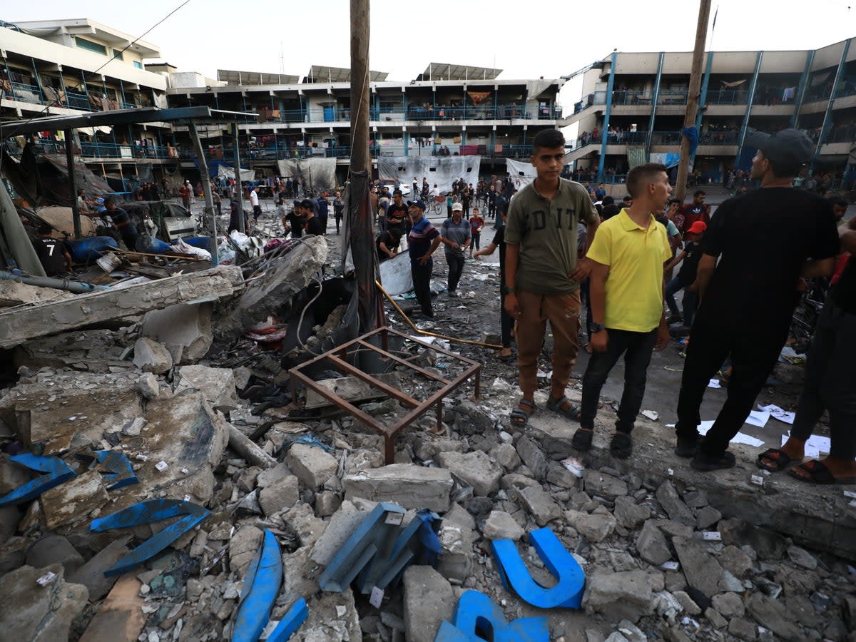 UN staff and Palestinians inspect the site after Israeli attack on a school of the United Nations Relief and Works Agency for Palestine Refugees in the Near East (UNRWA) in Gaza City, Gaza on 18 July 2024 (Anadolu via Getty Images)