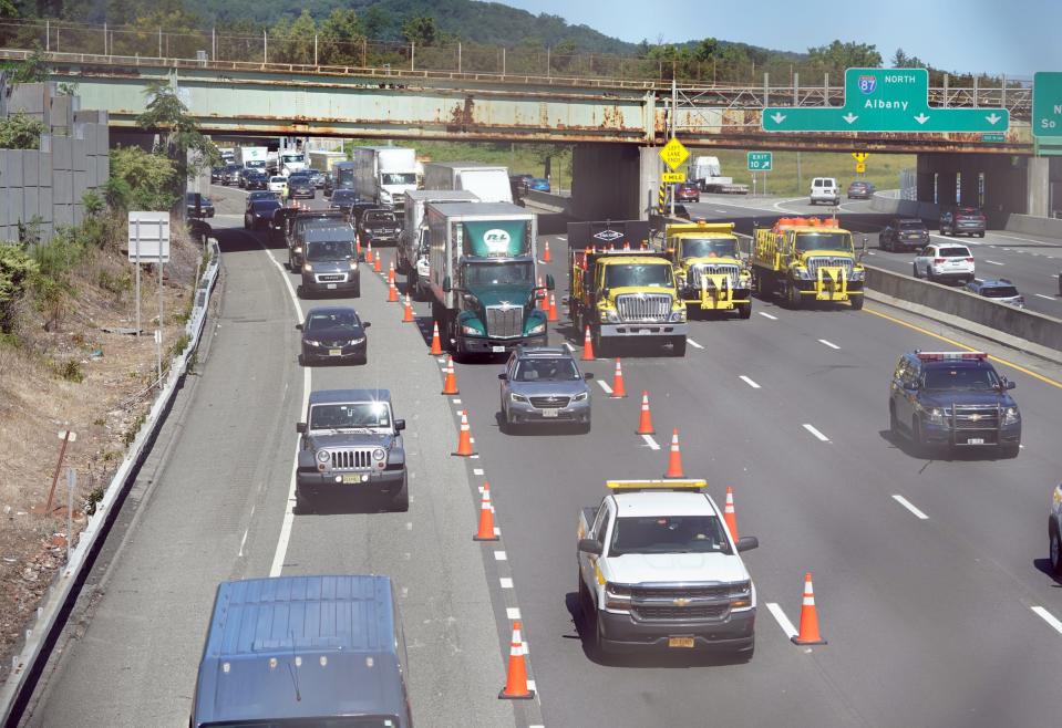 A tractor trailer accident slows traffic on the New York State Thruway in South Nyack on Thursday, August 31, 2023. The So. Broadway overpass was closed due to the truck hitting the base of the overpass.