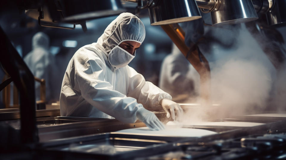 A technician in a factory controlling the production of fluid and powder materials.