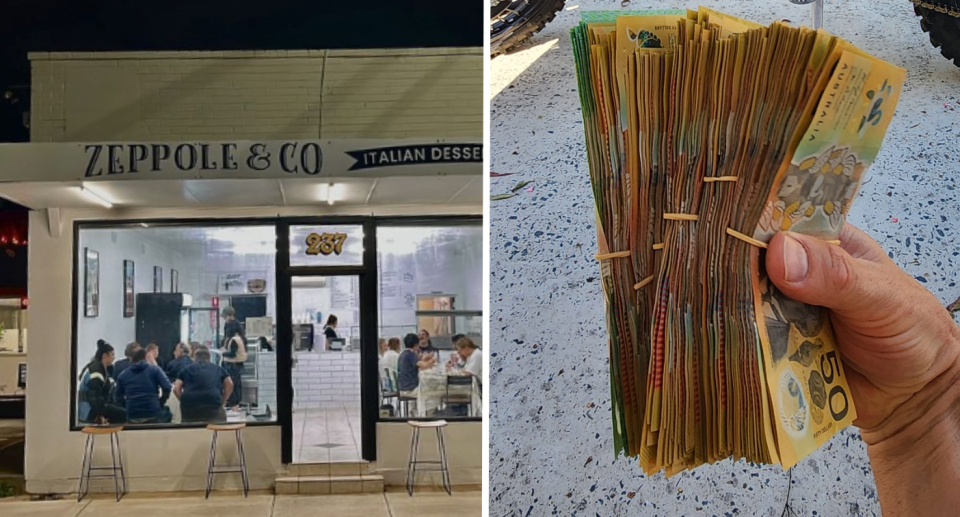 Shot of Zeppole & Co from the outside next to a picture of someone holding a wad of cash