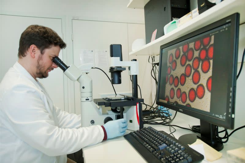 A scientist is seen in the Themis Bioscience laboratory in Vienna