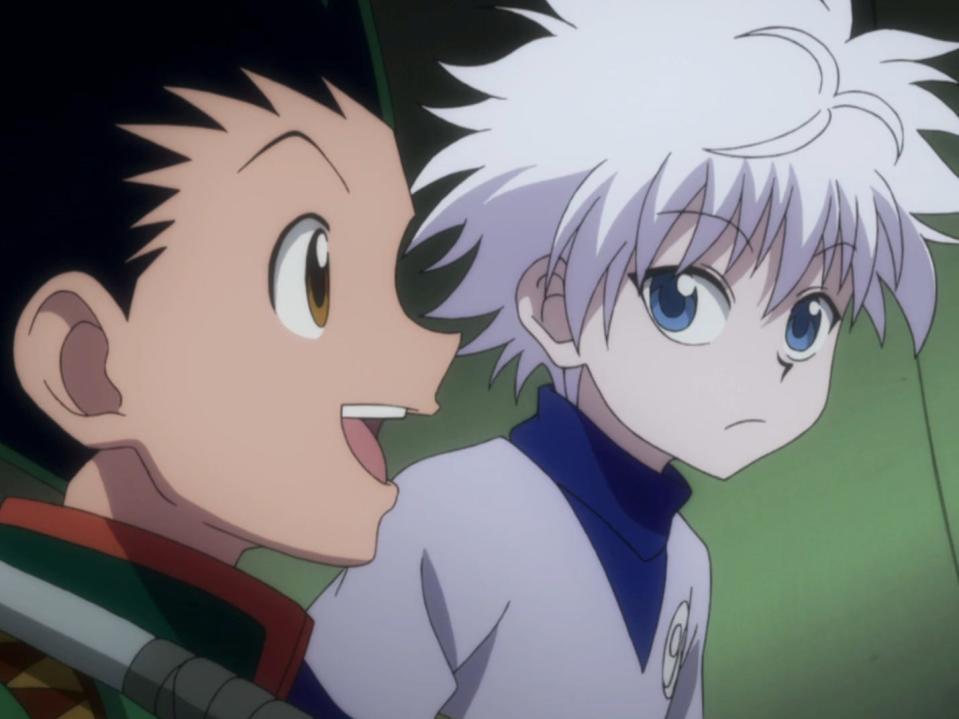 gon and killua in the hunter hunter anime. they're two young boys: gon is smiling and has spiky black hair, and killua has fluffy white hair and is looking at gon