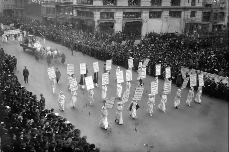 More than 25,000 women take to New York City's Fifth Avenue on October 23, 1915, advocating for women’s voting rights. On August 26, 1920, eight days after it was ratified, the 19th Amendment to the U.S. Constitution went into effect -- giving women the right to vote. File Photo by Library of Congress/UPI