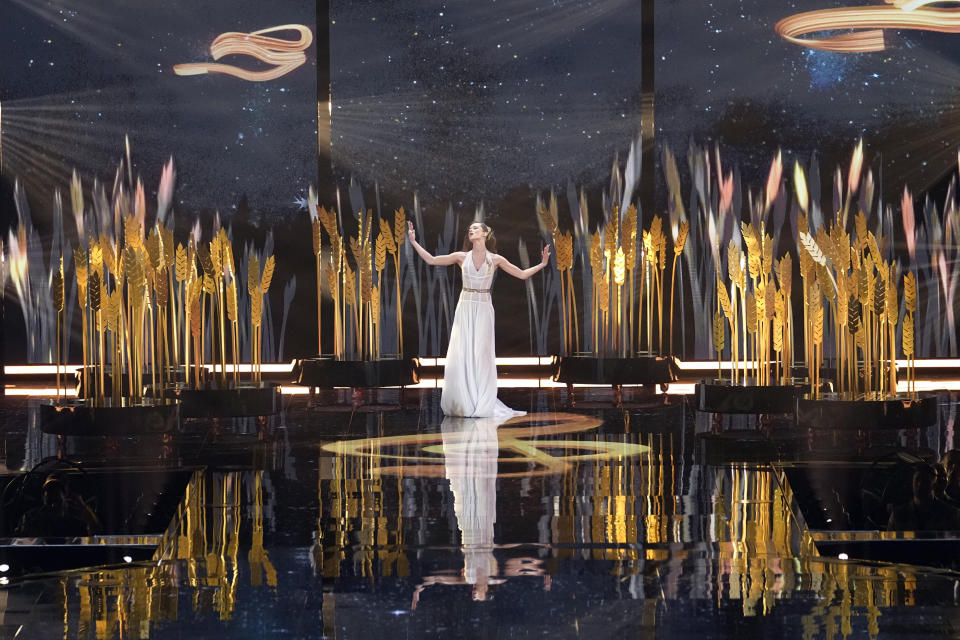 Tvorchi of Ukraine performs during the second semi final at the Eurovision Song Contest in Liverpool, England, Thursday, May 11, 2023. (AP Photo/Martin Meissner)