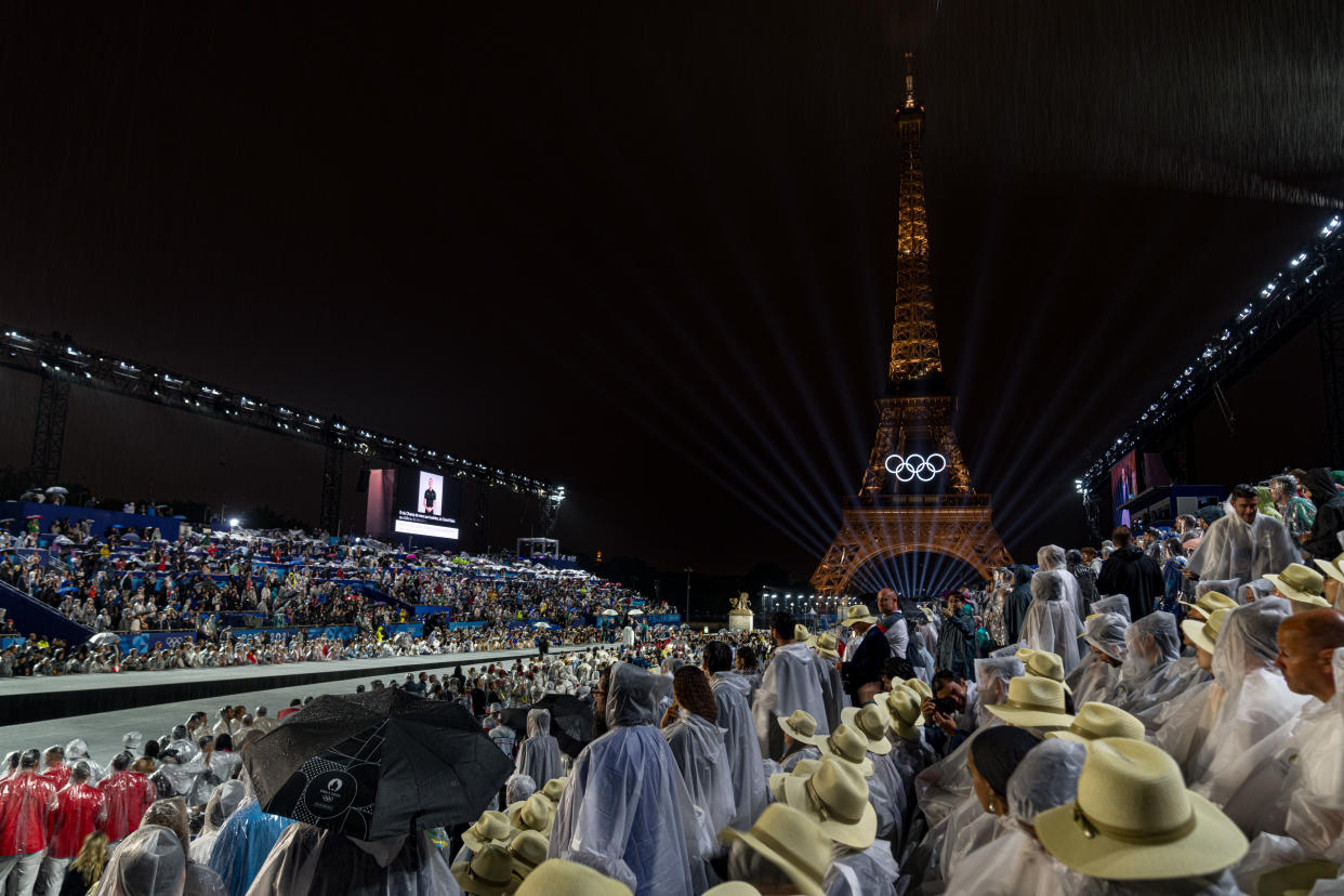 PARIS, FRANCE - JULY 26: A general view of the atmosphere as Thomas Bach, President of International Olympic Committee (IOC), delivers a speech during the opening ceremony of the Olympic Games Paris 2024 at Place du Trocadero on July 26, 2024 in Paris, France.  (Photo by Andy Cheung/Getty Images)