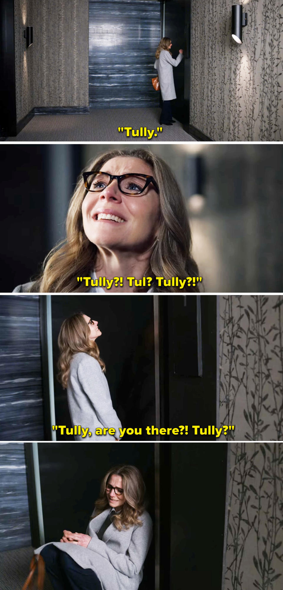 Kate knocking on Tully's door and then sitting down outside her door and starting to cry as she gets no answer