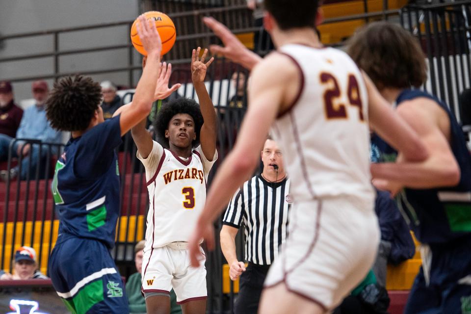 Windsor's Tadese Keyworth puts up a shot during the 5A basketball playoffs against Standley Lake at Windsor High School in Windsor, Colo., on Wednesday, Feb. 21, 2024.