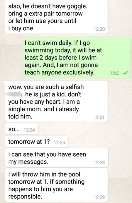 The teacher sends the mother a message saying she is not going to teach anyone exclusively. The mother then sends another 10 messages. Source: u/pretent_its_witty/reddit