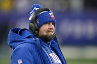 FILE - New York Giants coach Brian Daboll stands along the sideline during the second half of the team's NFL football game against the Detroit Lions, Nov. 20, 2022, in East Rutherford, N.J. Daboll, Doug Pederson and Kyle Shanahan are the finalists for AP Coach of the Year award. (AP Photo/Seth Wenig, File)