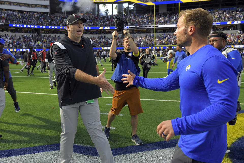 Atlanta Falcons head coach Arthur Smith, left, greets Los Angeles Rams head coach Sean McVay after the Rams defeated the Falcons 31-27 in an NFL football game Sunday, Sept. 18, 2022, in Inglewood, Calif. (AP Photo/Mark J. Terrill)