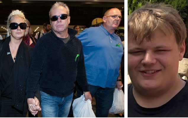 Charlotte Charles, (left in left picture), mother of British teenager Harry Dunn (right picture), and her husband Bruce Charles (centre, left) arrive in Washington with Harry's father Tim Dunn (right, left) - AP/PA