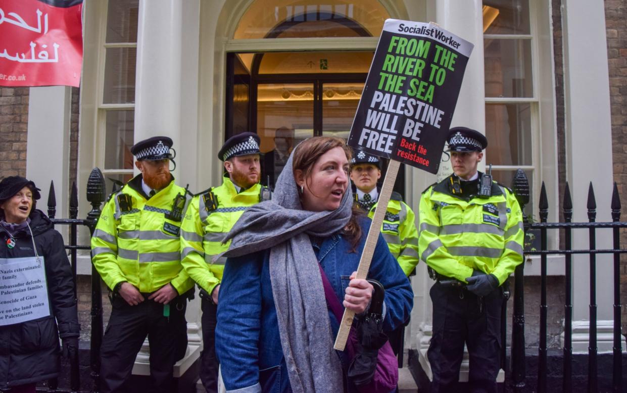 Pro-Palestine protesters gather outside a fundraiser for Israel at the Royal Society for Arts