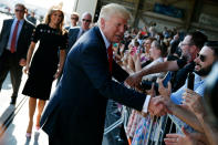 <p>President Donald Trump shakes hands as he arrives to speak to U.S. military troops and their families at Naval Air Station Sigonella, Saturday, May 27, 2017, in Sigonella, Italy. (Photo; Evan Vucci/AP) </p>