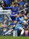 Britain Football Soccer - Manchester City v Chelsea - Premier League - Etihad Stadium - 3/12/16 Chelsea's Eden Hazard in action with Manchester City's Nicolas Otamendi Reuters / Phil Noble Livepic EDITORIAL USE ONLY. No use with unauthorized audio, video, data, fixture lists, club/league logos or "live" services. Online in-match use limited to 45 images, no video emulation. No use in betting, games or single club/league/player publications. Please contact your account representative for further details.