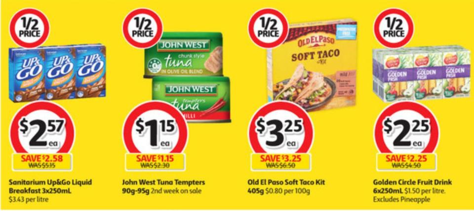 Breakfast drink, tuna, taco kit and fruit drink on sale for half-price at Coles.