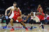 Feb 8, 2016; Auburn Hills, MI, USA; Detroit Pistons forward Anthony Tolliver (43) attempts to steal the ball from Toronto Raptors guard Cory Joseph (6) during the fourth quarter at The Palace of Auburn Hills. Toronto won 103-89. Mandatory Credit: Tim Fuller-USA TODAY Sports / Reuters Picture Supplied by Action Images (TAGS: Sport Basketball NBA) *** Local Caption *** 2016-02-09T031606Z_22495994_NOCID_RTRMADP_3_NBA-TORONTO-RAPTORS-AT-DETROIT-PISTONS.JPG