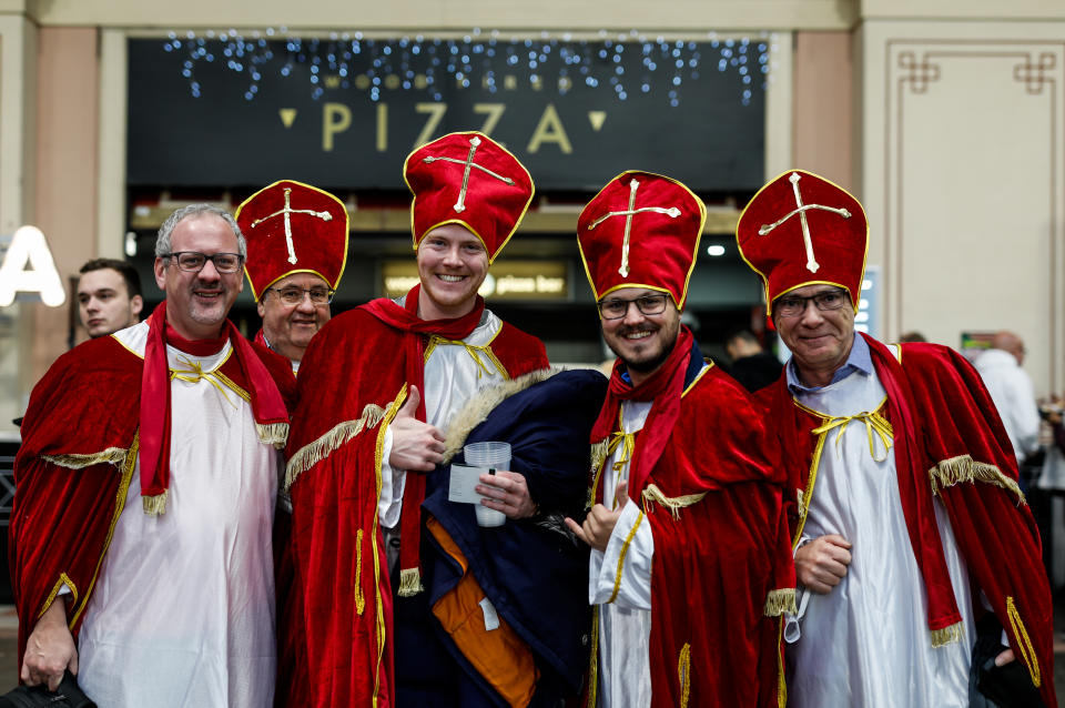 A group of fans turned up dressed as the Pope. (Photo by Steven Paston/PA Images via Getty Images)