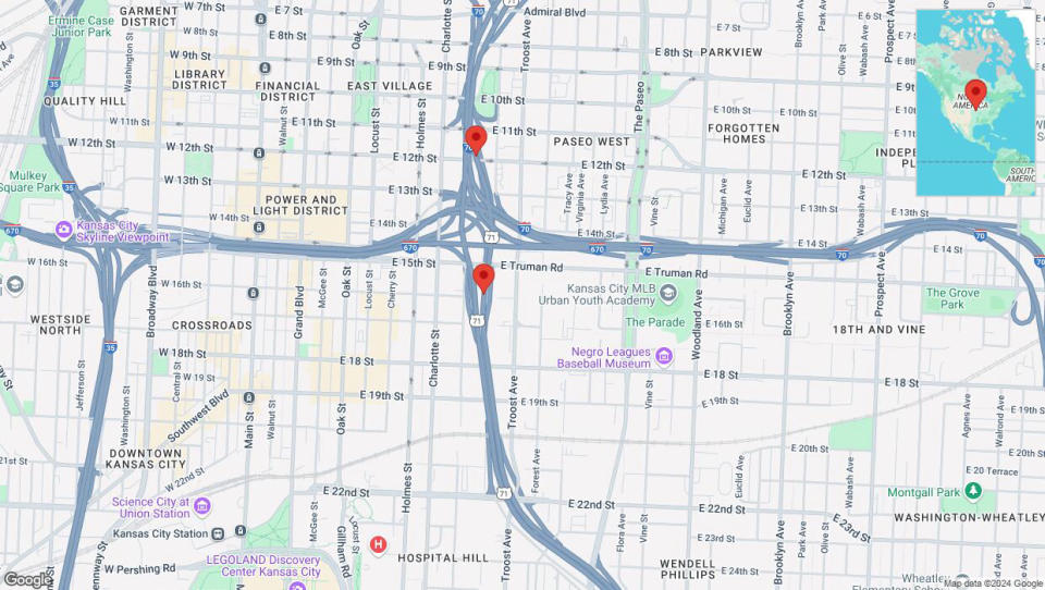 A detailed map that shows the affected road due to 'A crash has been reported on northbound US-71' on September 15th at 12:49 p.m.