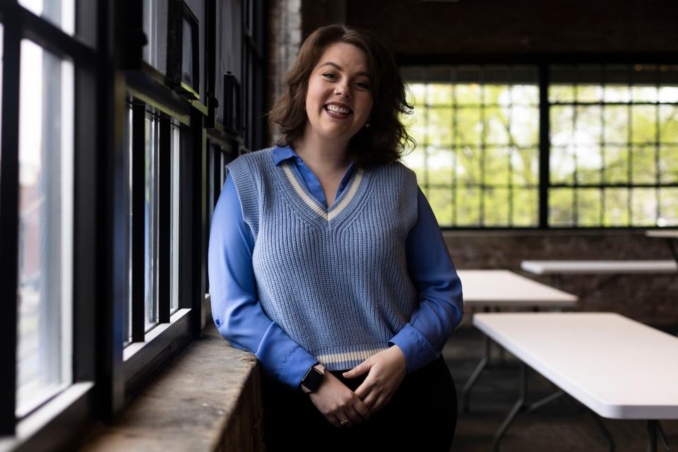 Rock River Development Partnership Executive Director Becca Bartels poses for a photograph Thursday, April 18, 2024, at the Rockford City Market building in downtown Rockford.