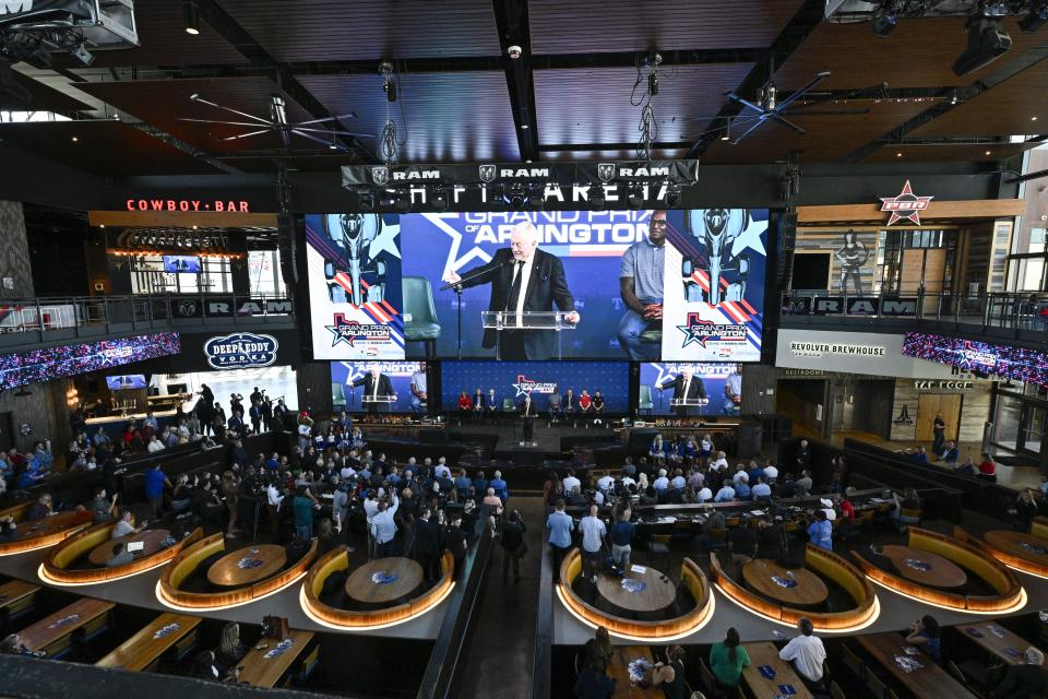 Dallas Cowboys team owner Jerry Jones speaks to the media during a news conference announcing the IndyCar Grand Prix of Arlington to be held in 2026 in Arlington, Texas, Tuesday, Oct. 8, 2024. (AP Photo/Jerome Miron)