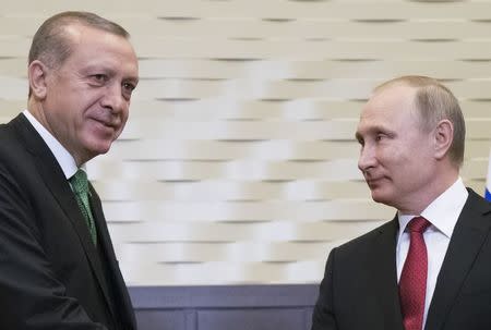 Russian President Vladimir Putin meets with his Turkish counterpart Tayyip Erdogan in Sochi, Russia. REUTERS/Alexander Zemlianichenko/Pool