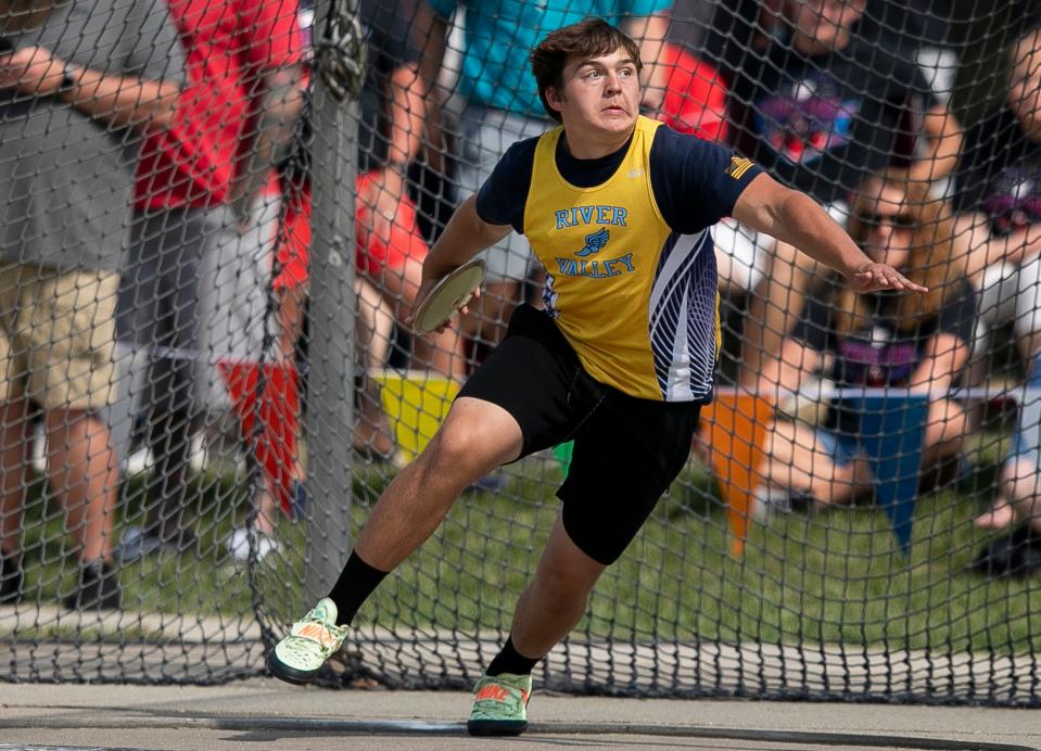 River Valley's Ethan Lyon competes in the Division II boys discus at last year's state meet at Ohio State's Jesse Owens Memorial Stadium.