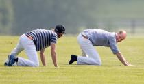 <p>Prince William does some stretching to warm up for a polo match at Coworth Park Polo Club. <br></p>