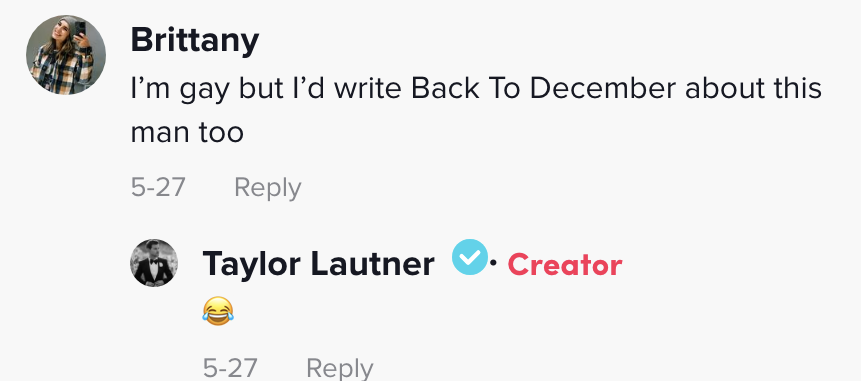 Taylor replies to someone who says they're gay but would write back to december about him