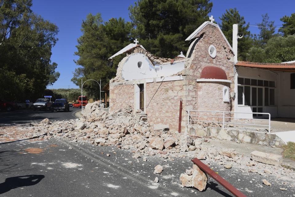 A damaged Greek Orthodox chapel is seen after a strong earthquake in Arcalochori village on the southern island of Crete, Greece, Monday, Sept. 27, 2021. A strong earthquake with a preliminary magnitude of 5.8 has struck the southern Greek island of Crete, and Greek authorities say one person has been killed and several more have been injured. (AP Photo/Harry Nikos)