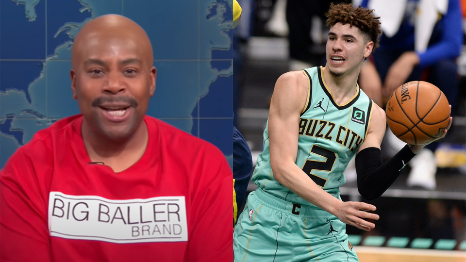 Kenan Thompson as LaVar Ball, left, said on Saturday Night Live that LaMelo Ball, right, has NBA Rookie of the Year and MVP locked up. He also gave Charlotte a couple of new nicknames.