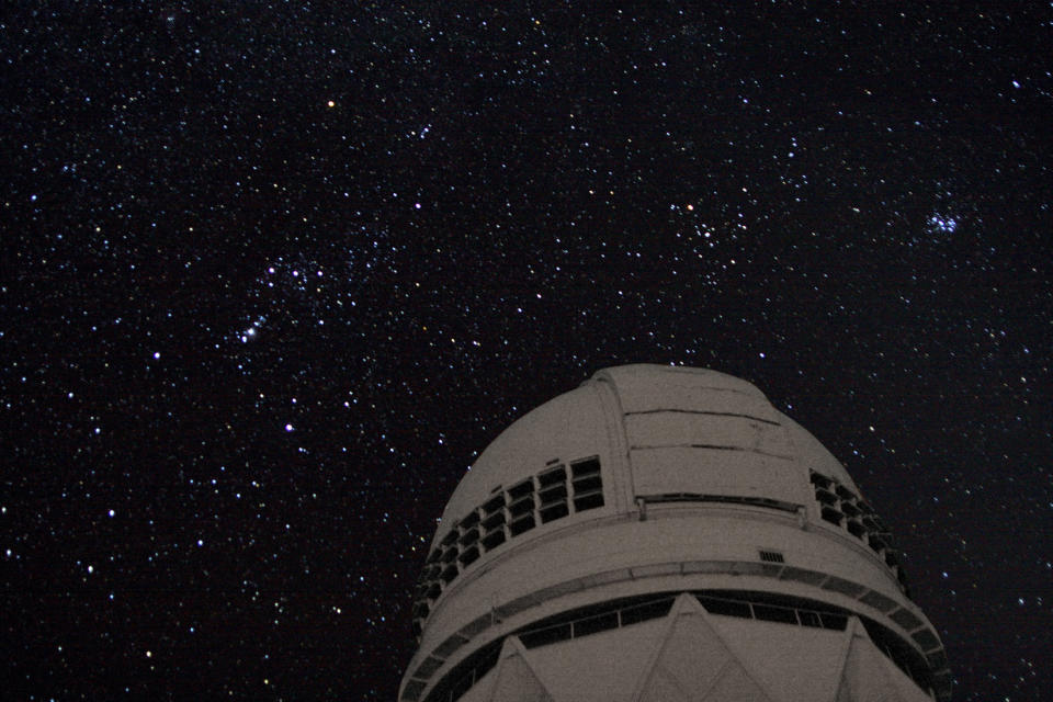 The constellation Orion as seen on the 4 meter Mayall telescope on Kitt Peak, in southern Arizona.