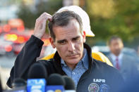 <p>Los Angeles Mayor, Eric Garcetti, looks on before addressing the press after a suspect barricaded inside a Trader Joe’s supermarket in Silverlake, Los Angeles, on July 21, 2018. – A suspect wanted in connection with a shooting was barricaded inside a supermarket in the US city of Los Angeles on Saturday, police said, in what US media reported was a possible hostage situation. (Photo: Robyn Beck/AFP/Getty Images) </p>