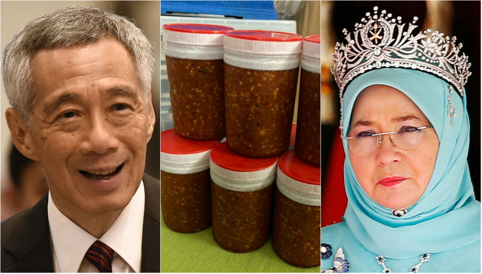 Singapore prime minister Lee Hsien Loong thanked Malaysia's queen, Tunku Azizah Aminah Maimunah, on 28 Oct 2019 via her Twitter for her gifts of home-made sambal belacan (shrimp chilli paste) over the years. (Photos: AFP-Getty/Azizah's Twitter/Reuters)