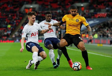 Soccer Football - FA Cup Fourth Round Replay - Tottenham Hotspur vs Newport County - Wembley Stadium, London, Britain - February 7, 2018 Newport County's Joss Labadie in action with Tottenham’s Juan Foyth and Serge Aurier REUTERS/Eddie Keogh