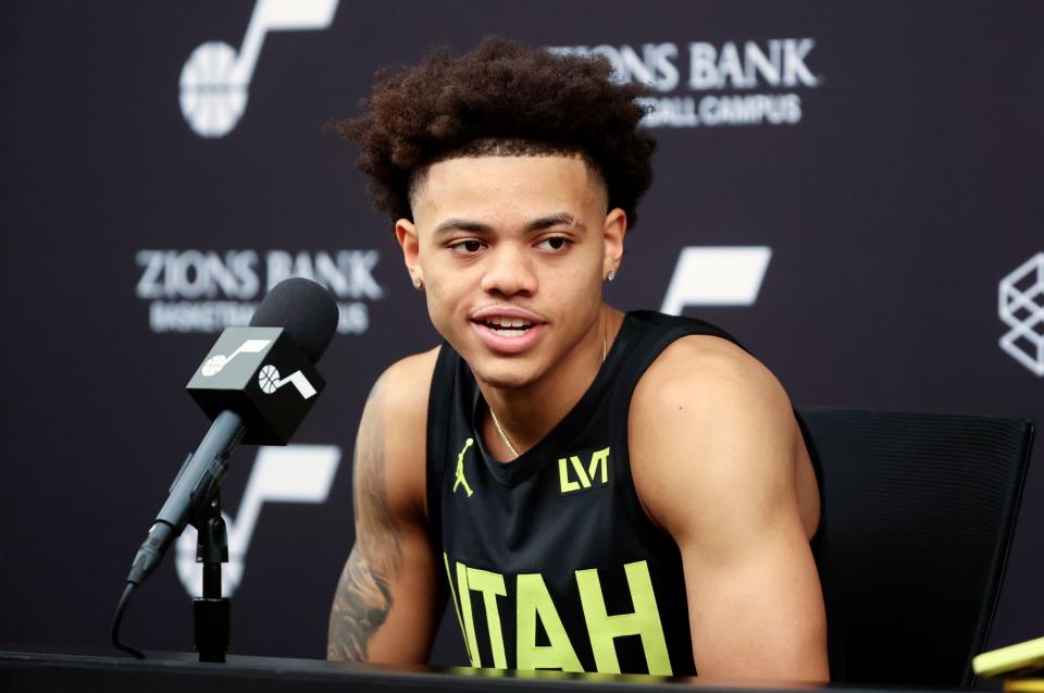 Guard Keyonte George talks to members of the media during Utah Jazz media day at the Zions Bank Basketball Center in Salt Lake City on Monday, Oct. 2, 2023. | Kristin Murphy, Deseret News