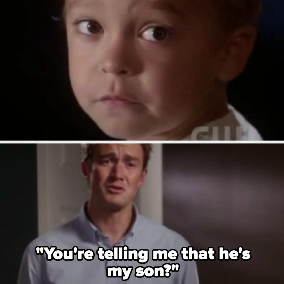 Clay looking at Logan, then saying, "You're telling me that he's my son?"