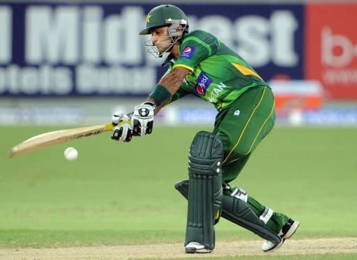 Pakistani captain Mohammad Hafeez plays a shot during the second Twenty20 international cricket match between Pakistan and Australia at the Dubai international cricket stadium. Pakistan beat Australia in a tense Super over finish to the second Twenty20 international at Dubai Stadium, taking an unassailable 2-0 lead in the three-match series