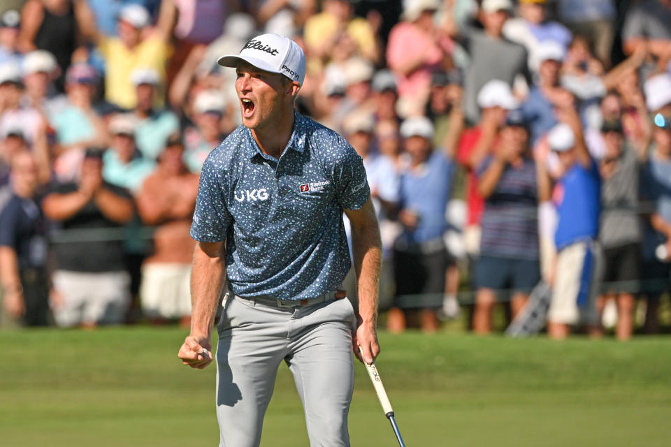 MEMPHIS, TENNESSEE - AUGUST 14: Will Zalatoris celebrates after making a putt on the 18th green during the final round of the FedEx St. Jude Championship at TPC Southwind on August 14, 2022 in Memphis, Tennessee. (Photo by Ben Jared/PGA TOUR via Getty Images)