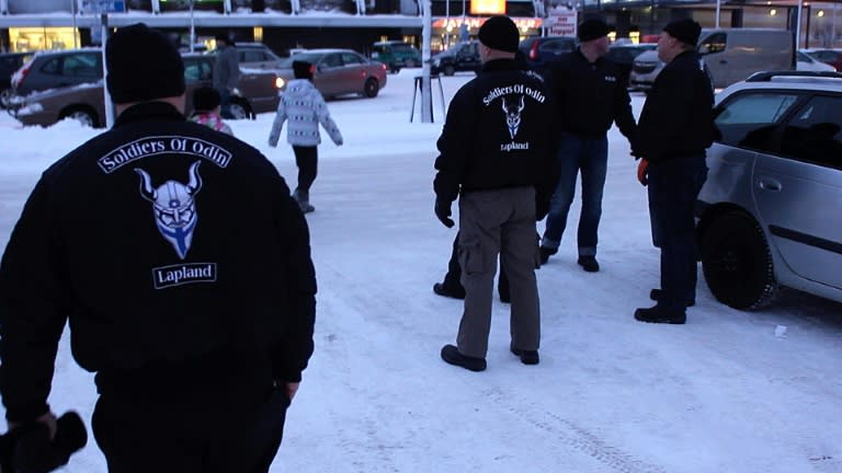 A group of men calling themselves the ‘Soldiers of Odin’ in Kemi, northern Finland