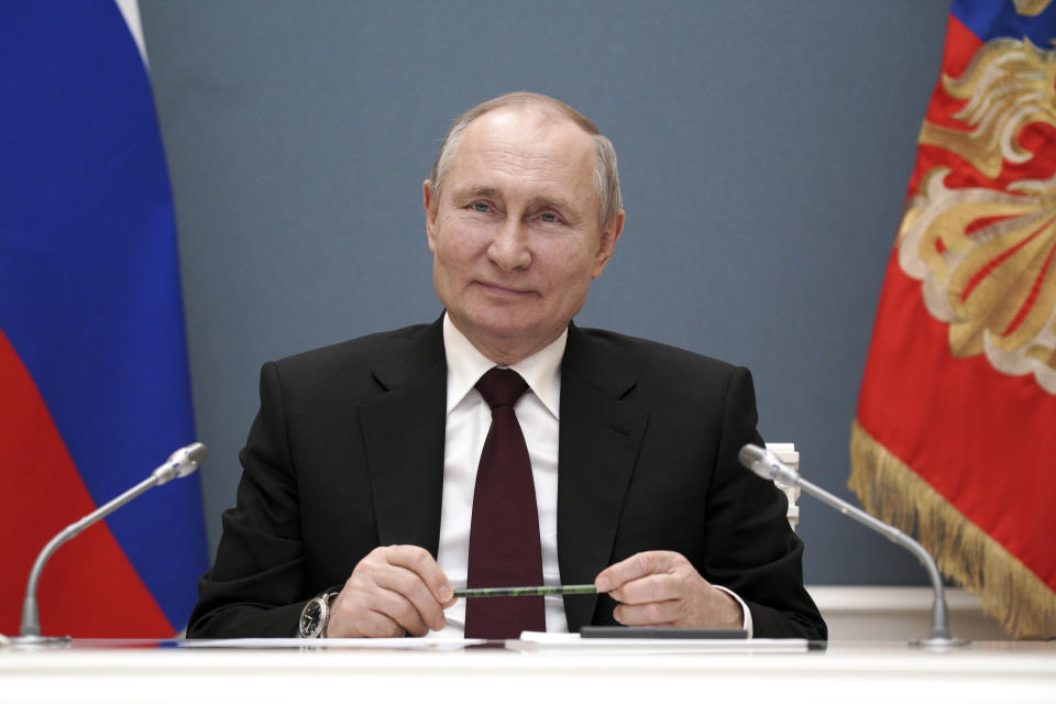 El presidente ruso Vladimir Putin en Moscú, el 17 de marzo del 2021. (Alexei Druzhinin, Sputnik, Kremlin Pool Photo via AP)