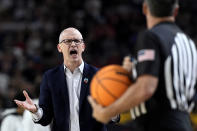 UConn head coach Dan Hurley reacts towards the referee during the first half of the NCAA college Final Four championship basketball game against Purdue, Monday, April 8, 2024, in Glendale, Ariz. (AP Photo/Brynn Anderson)