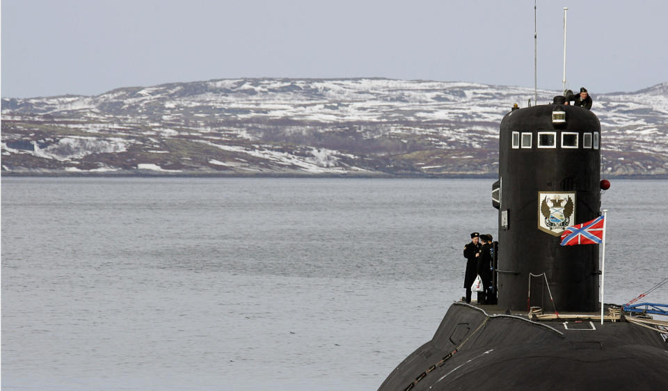 A Russian submarine Kilo class submarine is seen at Russia's Northern Fleet base in the town of Severomorsk, not far from the city of Murmansk, Russia, in an April 19, 2007 file photo. / Credit: ALEXANDER NEMENOV/AFP/Getty
