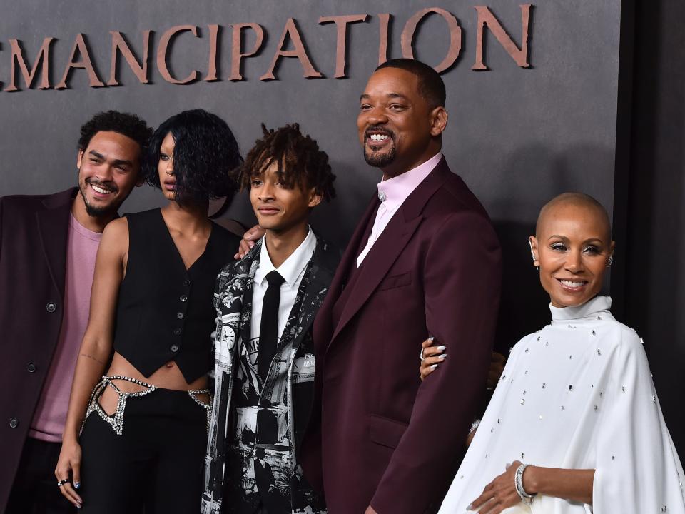 Trey Smith, Willow Smith, Jaden Smith, Will Smith, and Jada Pinkett Smith in November 2022.