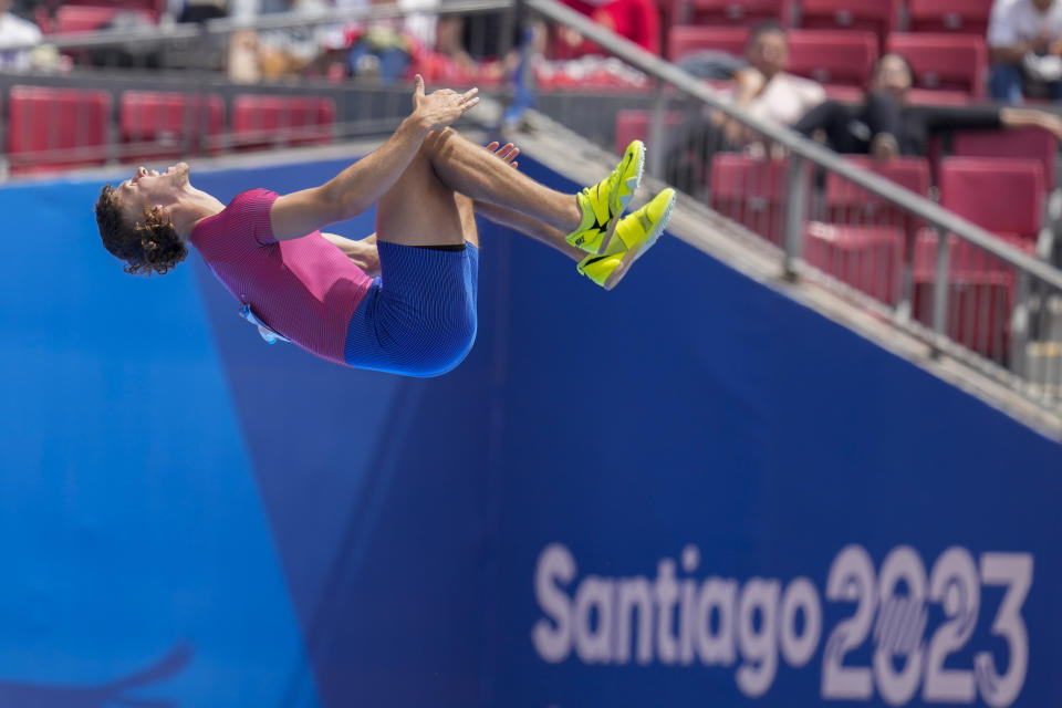 Ryan Talbot of the United States reacts after competing in the decathlon men's pole vault event at the Pan American Games in Santiago, Chile, Tuesday, Oct. 31, 2023. (AP Photo/Fernando Vergara)