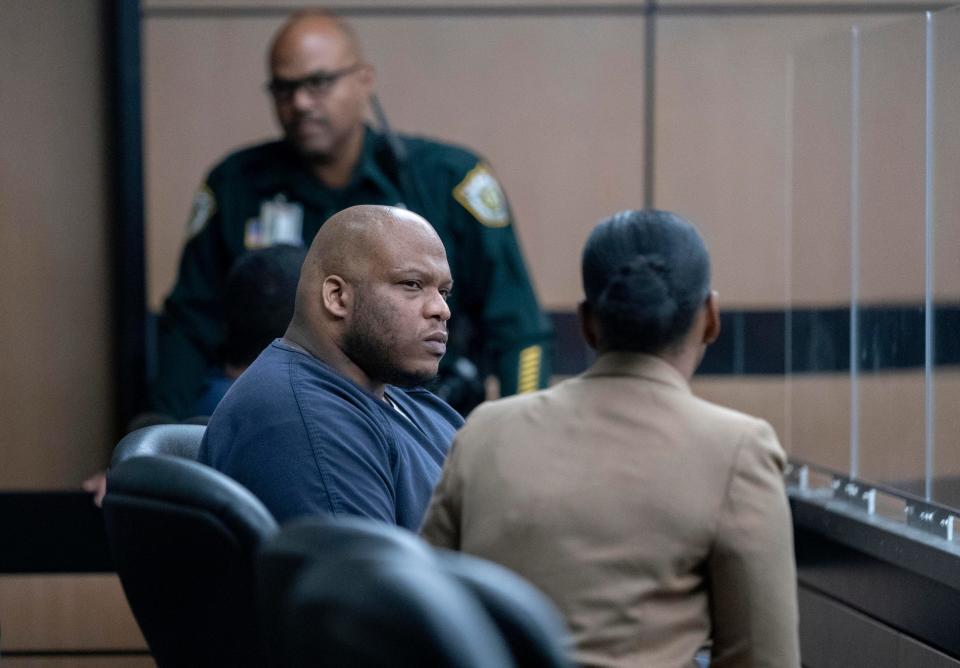 Marcus Hull appears in Judge Jeffrey Gillen's courtroom for the April 2018 homicide of Kassandra Morales at La Isla del Encanto nightclub. Hull faces a first-degree murder charge in West Palm Beach, Florida july 5, 2023.