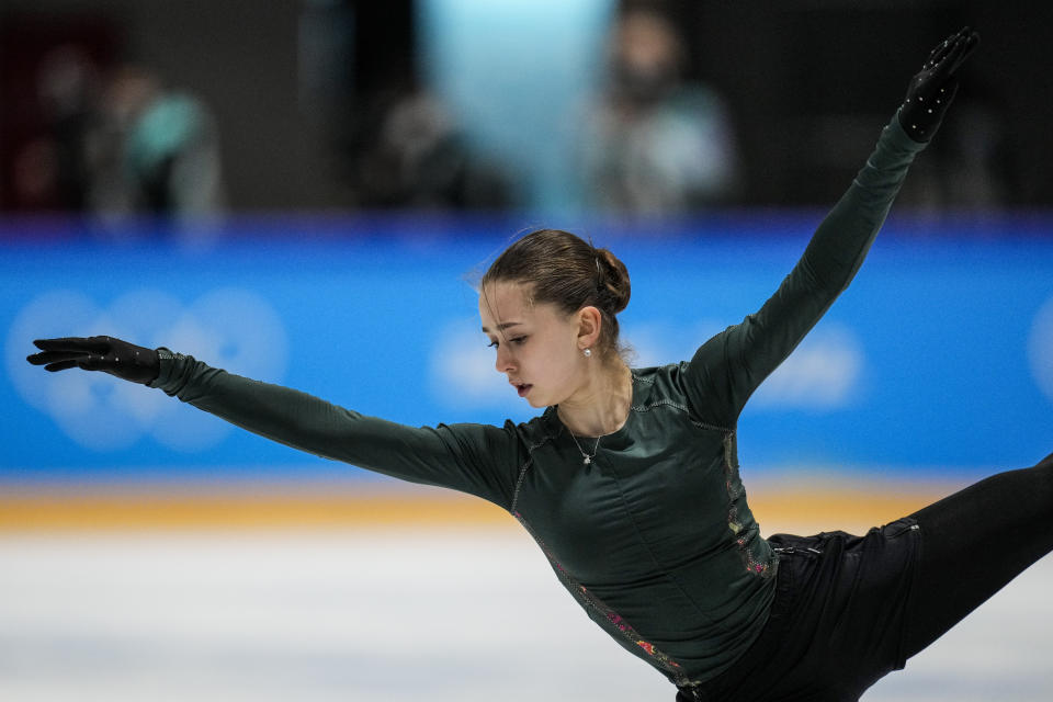 Kamila Valieva, of the Russian Olympic Committee, trains at the 2022 Winter Olympics, Monday, Feb. 14, 2022, in Beijing. (AP Photo/Bernat Armangue)