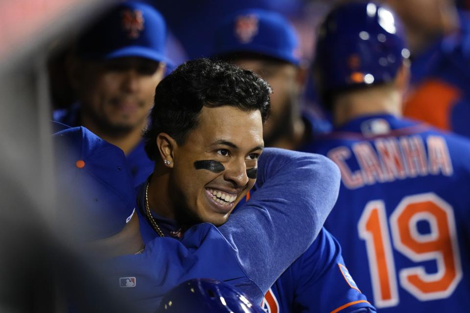 New York Mets' Mark Vientos celebrates with teammates after hitting a two run home run during the seventh inning of a baseball game against the Tampa Bay Rays Wednesday, May 17, 2023, in New York. (AP Photo/Frank Franklin II)